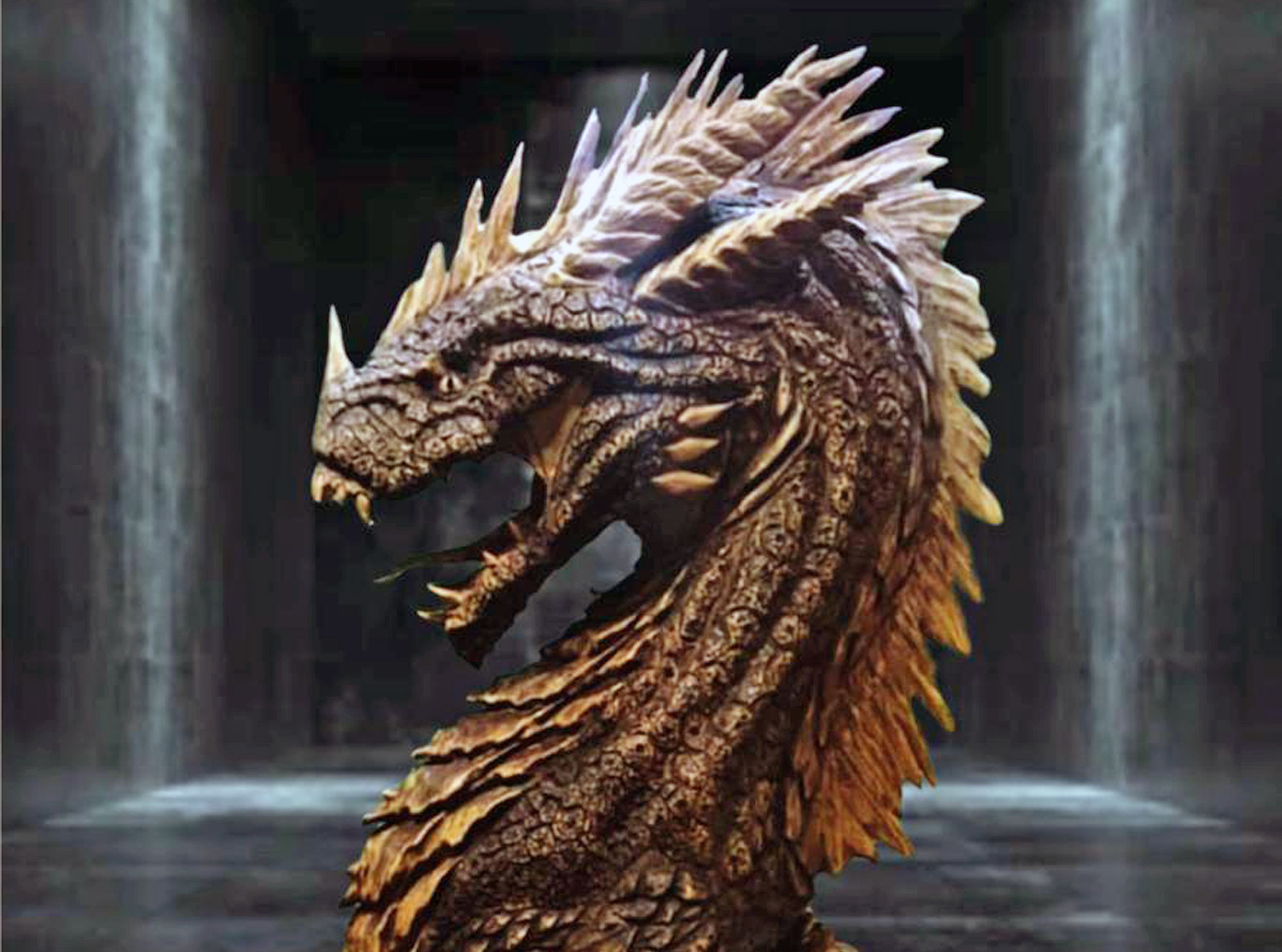 Carved wooden dragon with pale spikes
