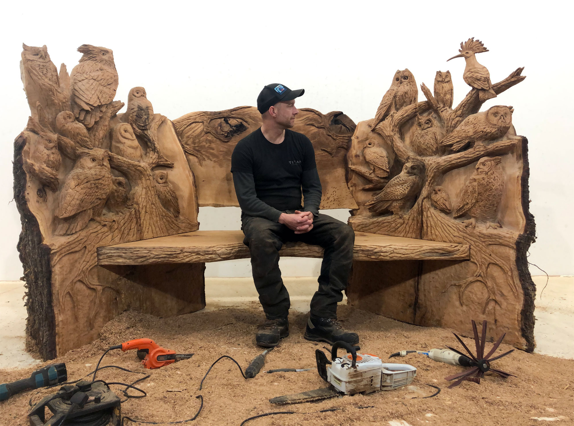 Carved wooden owl bench by Matthew Crabb