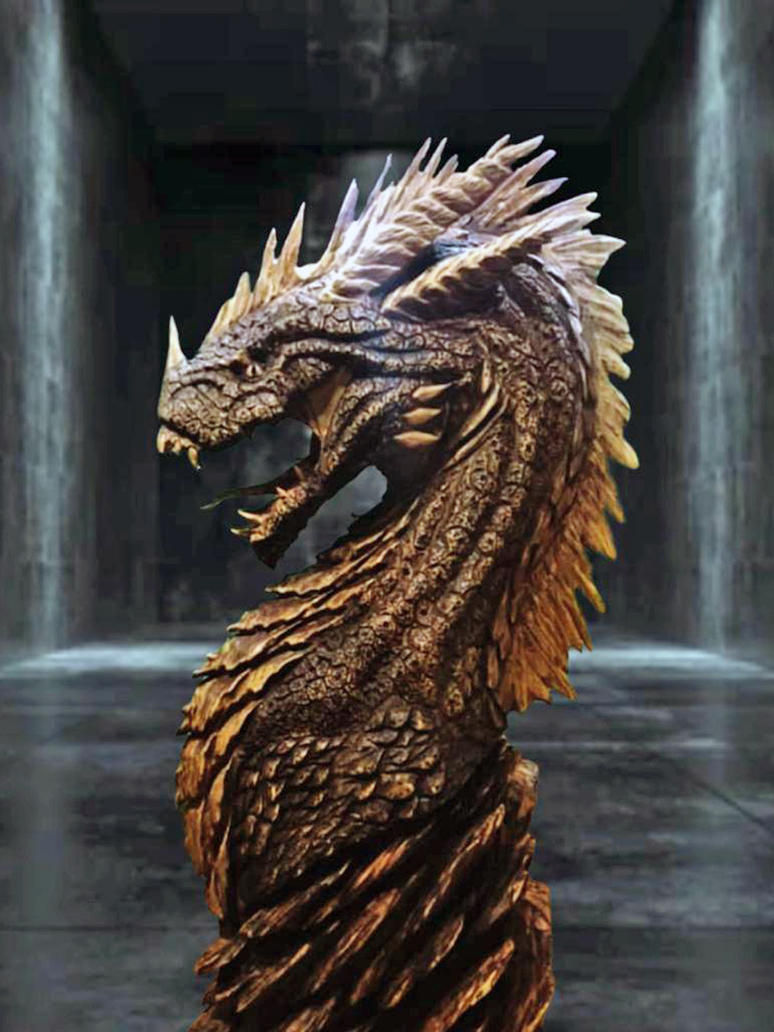 Carved wooden dragon with pale spikes