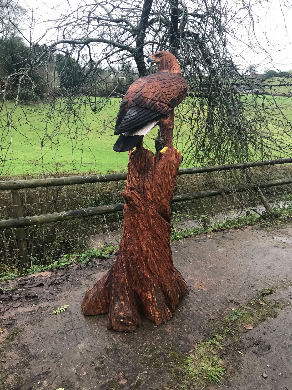 Wooden sculpture of a golden eagle