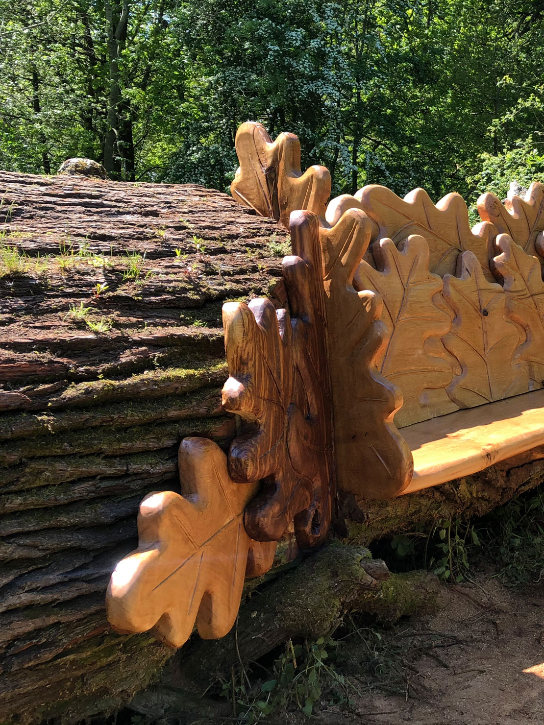 Carved oak bench with oak leaf design