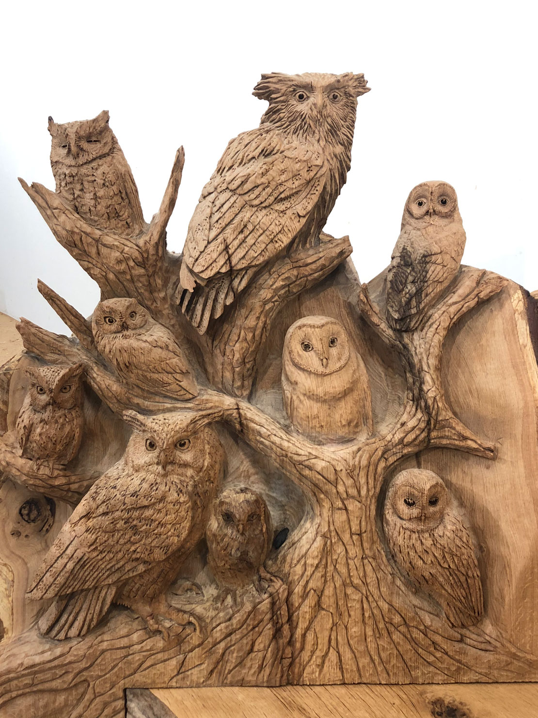Carved wooden owl bench by Matthew Crabb