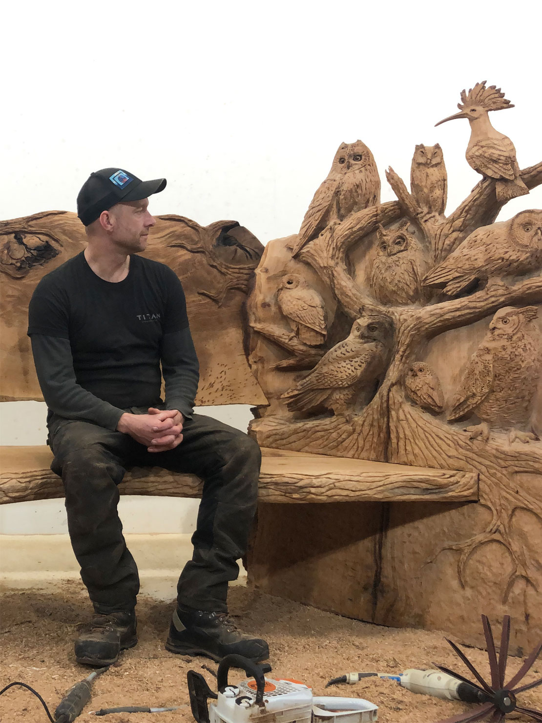 Carved wooden owl bench by Matthew Crabb Carved wooden owl bench by Matthew Crabb